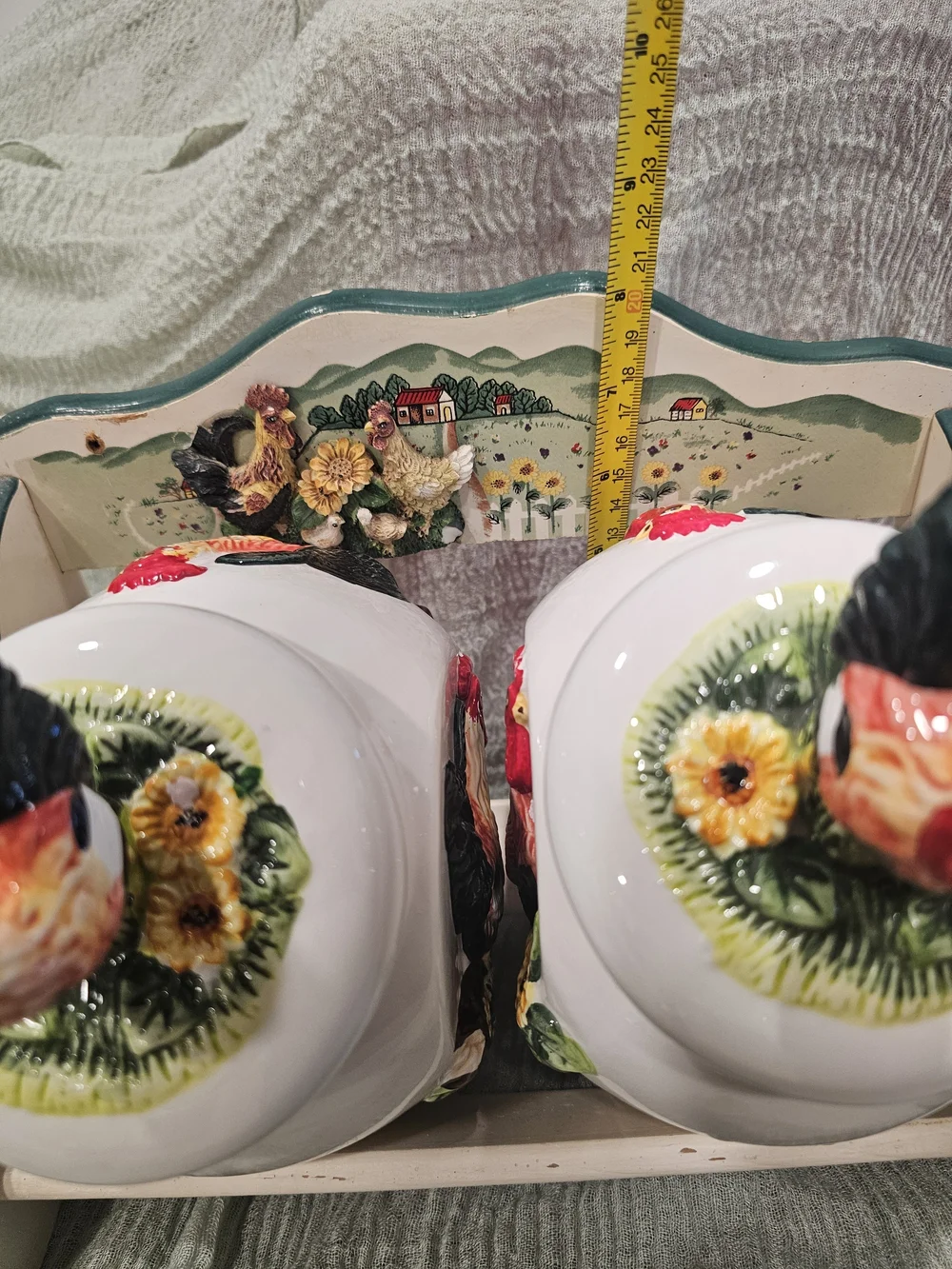 Vintage KMC Rooster Tilt Cookie Jar Set With Wooden Rack
